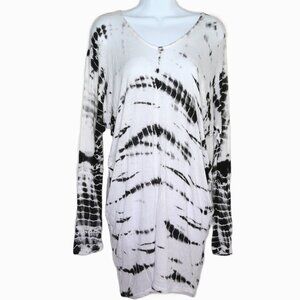 Enti Tie Dye Tunic Length Top Black & White Long Sleeve V-Neck Stretch EUC Sz S